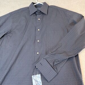 Paul Fredrick Mens Dress Shirt 15.5 34 Navy Blue Geometric Cotton Square Print